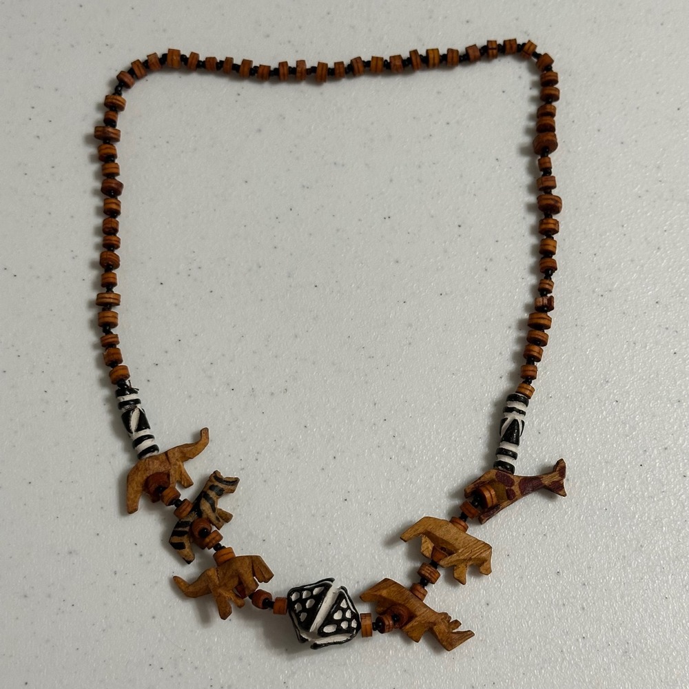 Vintage Handcrafted Wooden Safari African Savanna Animals Beaded Tribal Necklace